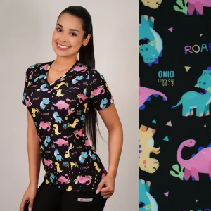 DELANTAL MUJER TELA ELASTICADO NEGRO DISEÑOS DINOSAURIOS