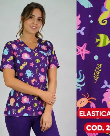 Delantal mujer tela elasticado estampado morado,animales marinos