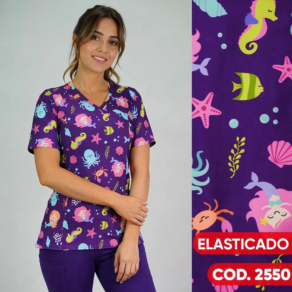 Delantal mujer tela elasticado estampado morado,animales marinos