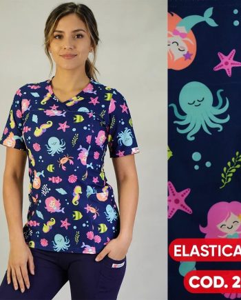 Delantal mujer tela elasticado estampado animales marinos fondo azul marino