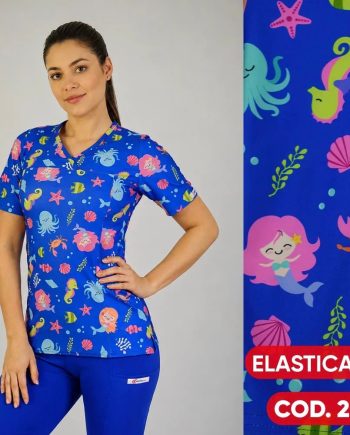 Delantal mujer tela elasticado estampado de animales marinos, fondo azul rey
