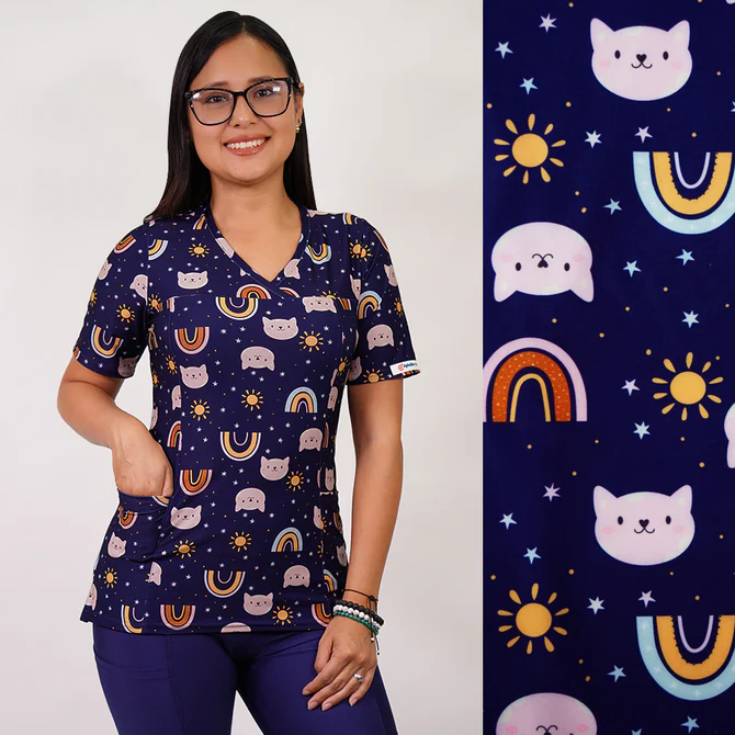 Delantal mujer tela elasticado estampado gaticos-fondo azul marino 2494