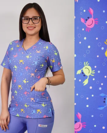 Delantal mujer tela elasticado estampado cangrejos. fondo celeste 2508