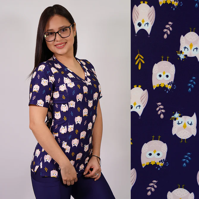 Delantal mujer tela elasticado estampado de buho. 2519
